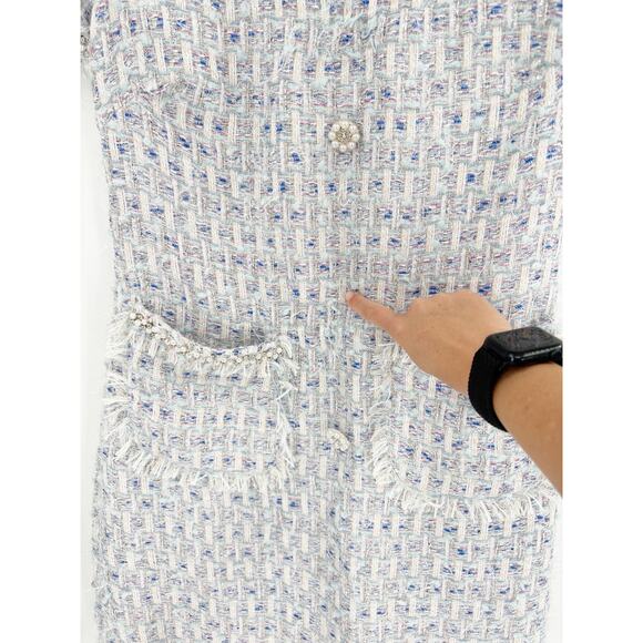 MAC DUGGAL Dress Size S Evening Gown Blue Tweed NEW Mini Textured Pockets Button - Picture 5 of 7